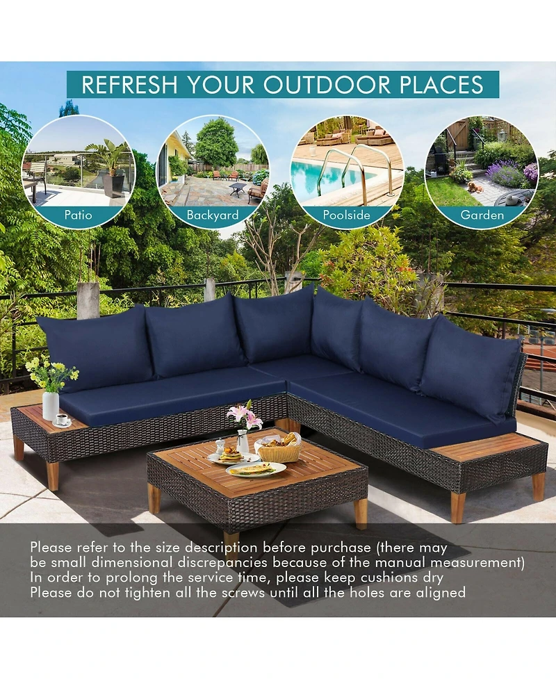 Sugift 4 Pieces Patio Cushioned Rattan Furniture Set with Wooden Side Table