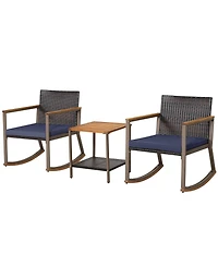 Sugift 3 Pieces Rattan Rocking Bistro Set with Coffee Table and Cushions