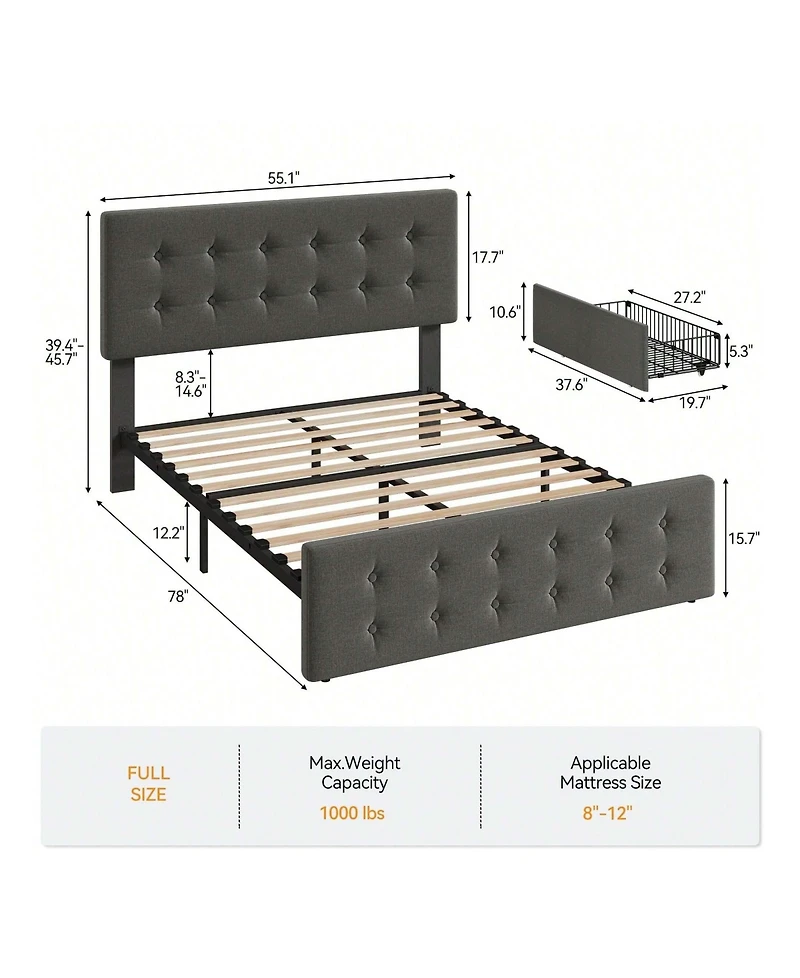 Bed Frame,With 4 Storage Drawers And Headboard, Linen Upholstered Platform Frame With Wooden Slats Support, Button Tufted Design