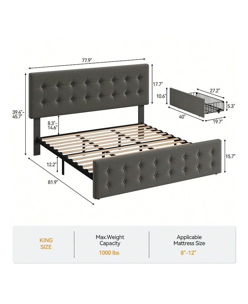 Bed Frame,With 4 Storage Drawers And Headboard, Linen Upholstered Platform Frame With Wooden Slats Support, Button Tufted Design