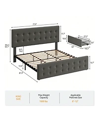 Bed Frame,With 4 Storage Drawers And Headboard, Linen Upholstered Platform Frame With Wooden Slats Support, Button Tufted Design