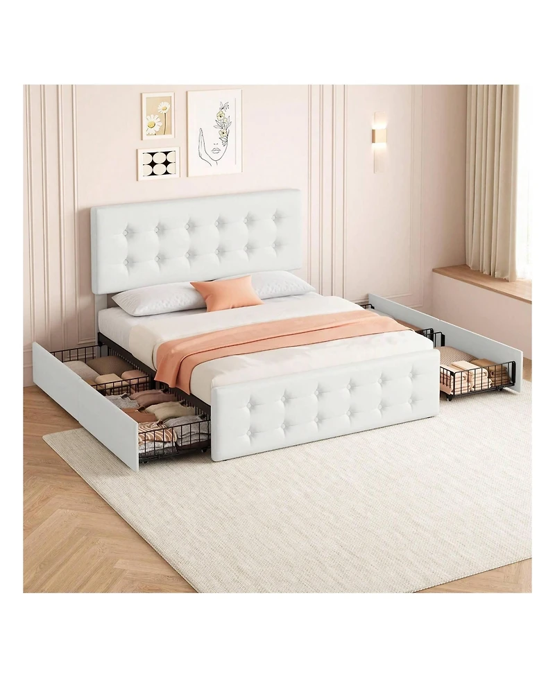 Bed Frame,With 4 Storage Drawers And Headboard, Linen Upholstered Platform Frame With Wooden Slats Support, Button Tufted Design