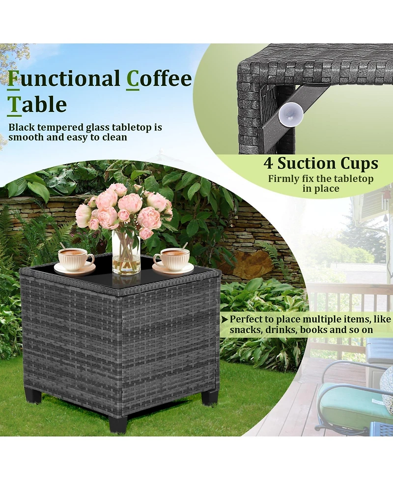 Sugift 3 Pieces Outdoor Wicker Conversation Set with Tempered Glass Tabletop