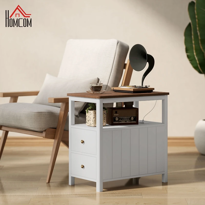 Homcom Narrow End Table with Charging Station, Usb Ports, Drawers,