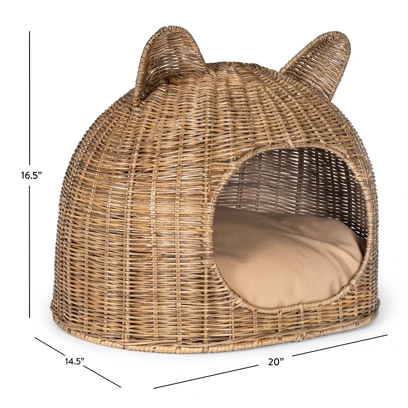 The Licker Store Cat Ear 20" x 14.5" Coastal Handwoven Rattan Pet Bed with Machine-Washable Cushion