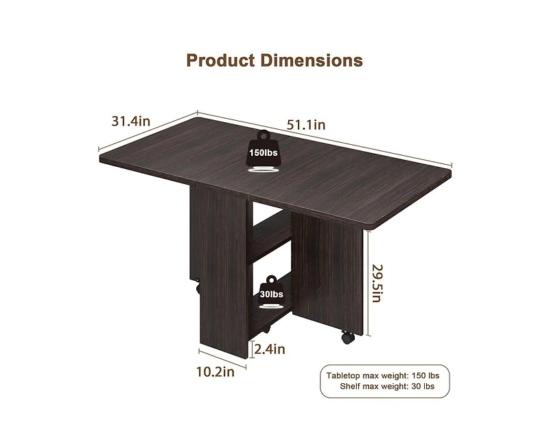 gaomon Space Saving Folding Dining Table with 2 Tier Storage-Extendable Drop Leaf Farmhouse Wood Kitchen Dining Room Tables Set for 4 (Dark Walnut