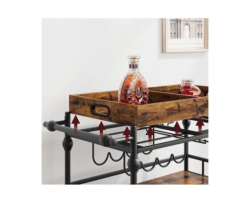 gaomon 3-Tier Rolling Bar Cart with Wheels, Metal Serving Cart with Wine Rack & Removable Tray for Home, Kitchen, Dining Room, and Living Area-Retro B