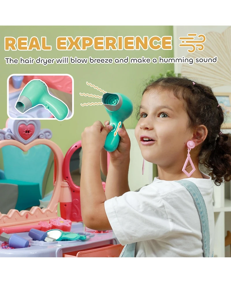 Qaba Kids Vanity Set w/ Mirror and Stool, Music, Light, Drawer, Multicolor