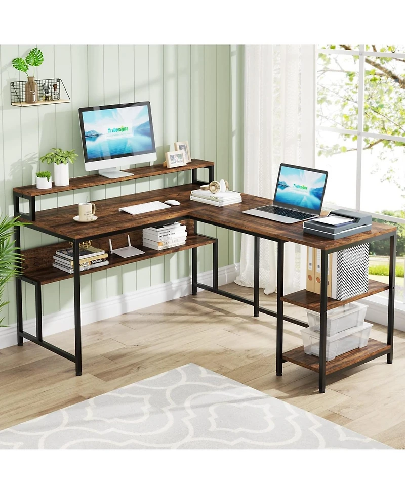 Tribesigns Reversible Corner Computer Desk with Storage Shelves,59 Inch L Shaped Desk with Monitor Stand,Study Writing Table Workstation for Home Offi
