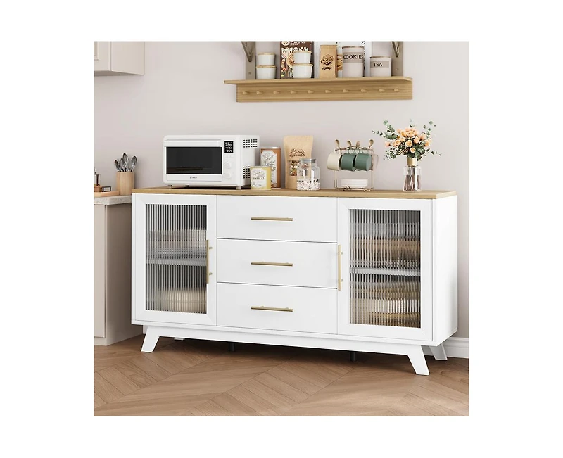 gaomon Coffer Bar Cabinet with 2 Fluted Glass Doors, 56" Modern Sideboard Buffet Cabinet with 3 Drawers, White Large Storage Cabinet for Kitchen Dinin