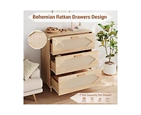 Dresser for Bedroom with 3 Drawers, Rattan Dresser with Spacious Storage, Modern Wooden Closet Dressers Chest of Drawers, Wood Nightstand for Bedroom