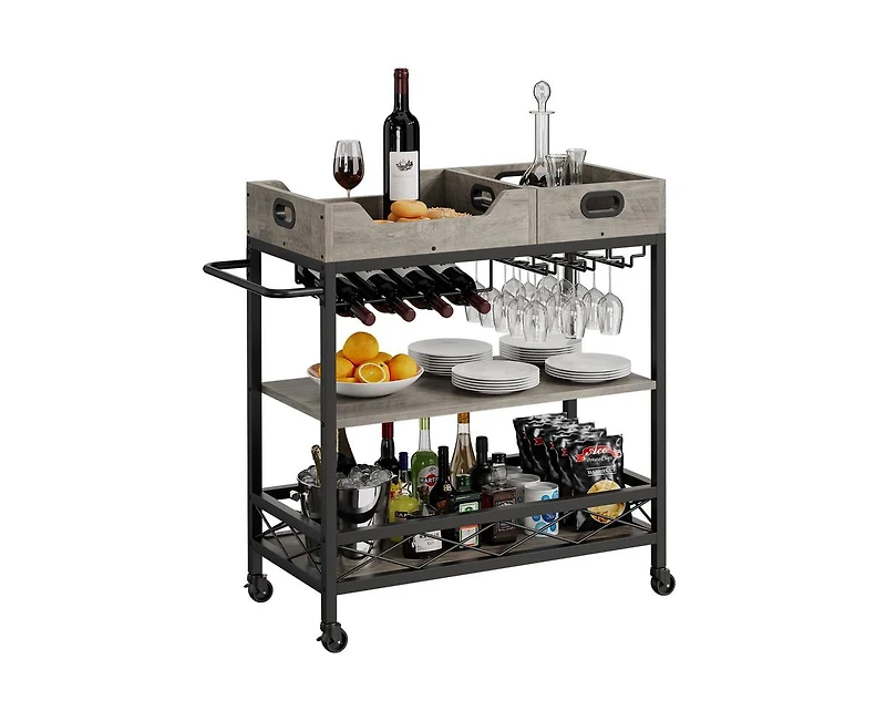 gaomon Bar Carts for The Home with 2 Portable Trays, 3 Tier Bar Cart with Wheels, Mobile Kitchen Shelf with Wine Rack and Glass Holder