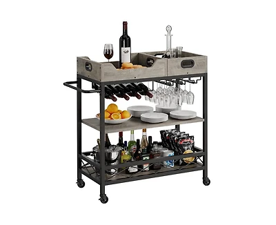 gaomon Bar Carts for The Home with 2 Portable Trays, 3 Tier Bar Cart with Wheels, Mobile Kitchen Shelf with Wine Rack and Glass Holder