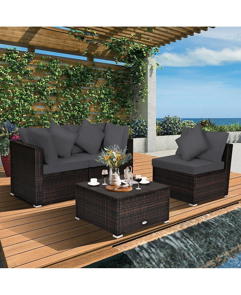 Sugift 4 Pieces Ottoman Garden Patio Rattan Wicker Furniture Set with Cushion