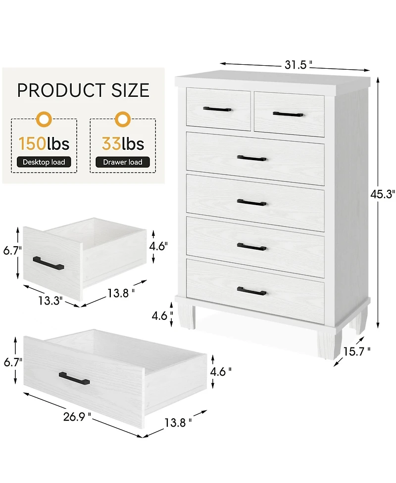 Dresser for Bedroom, 6 Drawer Dresser with Metal Handles, Grey Chest of Drawers Closet Organizers and Storage Clothes