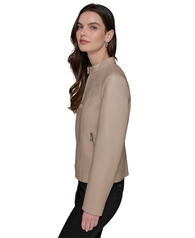 Karl Lagerfeld Paris Women's Fitted Mock-Neck Faux-Leather Jacket