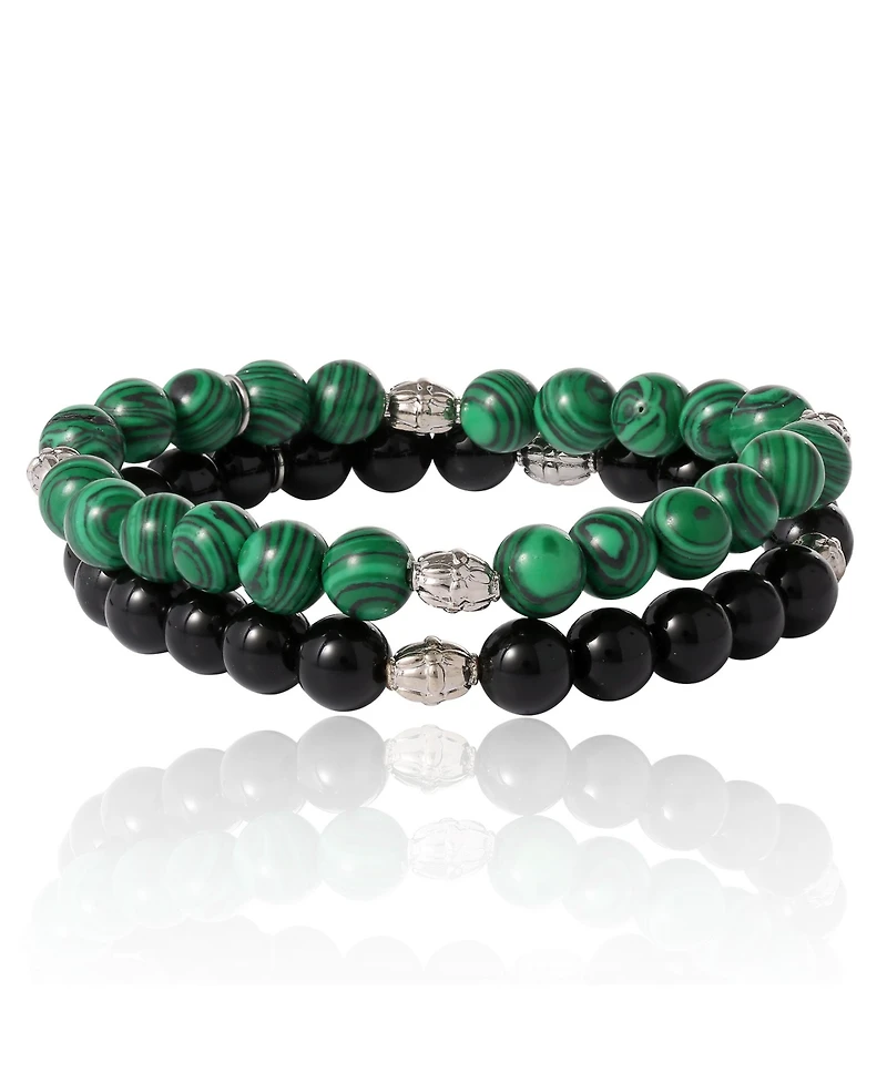 Lucky Brand Black and Green Beaded Stretch Bracelets - Two-Piece Natural Stone Set for Men
