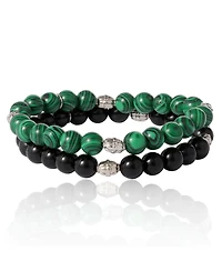 Lucky Brand Black and Green Beaded Stretch Bracelets - Two-Piece Natural Stone Set for Men