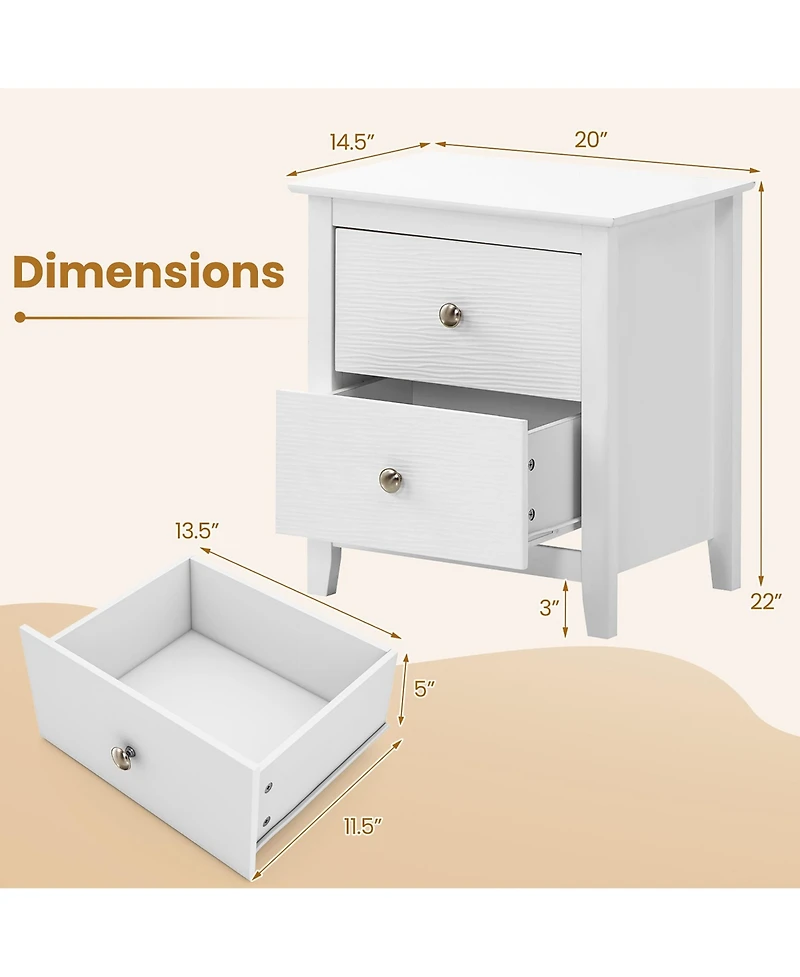 Gymax Modern Nightstand with Storage 2 Drawers & Support Legs for Bedroom White