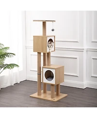 The Licker Store Sawyer 56" 3-Tier Minimalist Jute Cat Tree Condo with Scratching posts, and Fuzzy Toy, Brown/White