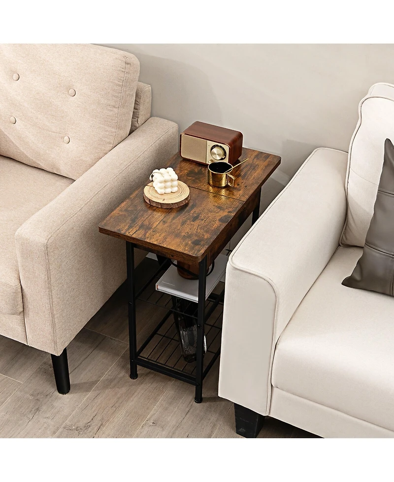 Gymax Side End Sofa Table Nightstand with Charging Station Flip-Up Top for Living Room