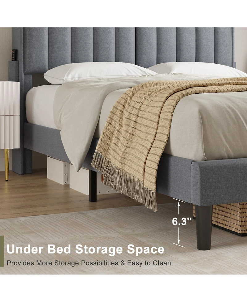 Hausource Queen/Full Size Bed Frame w/Storage Headboard & Charging Station & Led Light No Box Spring Needed, Full