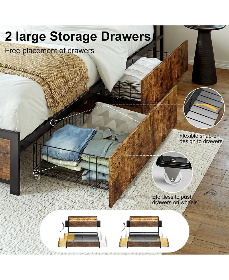 Hausource Queen/Full Size Bed Frame with Storage Headboard & 2 Drawers Platform Bed No Box Spring Needed, Queen