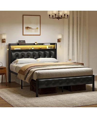 Hausource King/Twin Size Bed Frame with Storage Headboard & Charging Station Upholstered Platform Bed