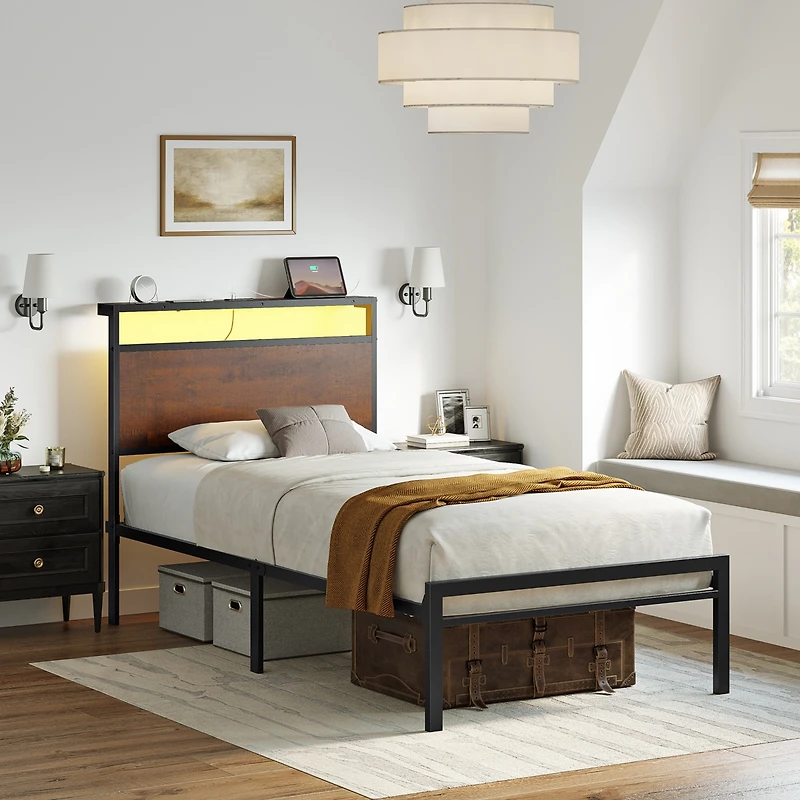 Hausource Industrial Twin Size Bed Frame with Storage Led Headboard, Charging Station, No Box Spring Needed