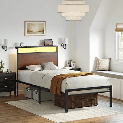 Hausource Industrial Twin Size Bed Frame with Storage Led Headboard, Charging Station, No Box Spring Needed