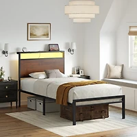 Hausource Industrial Twin Size Bed Frame with Storage Led Headboard, Charging Station, No Box Spring Needed