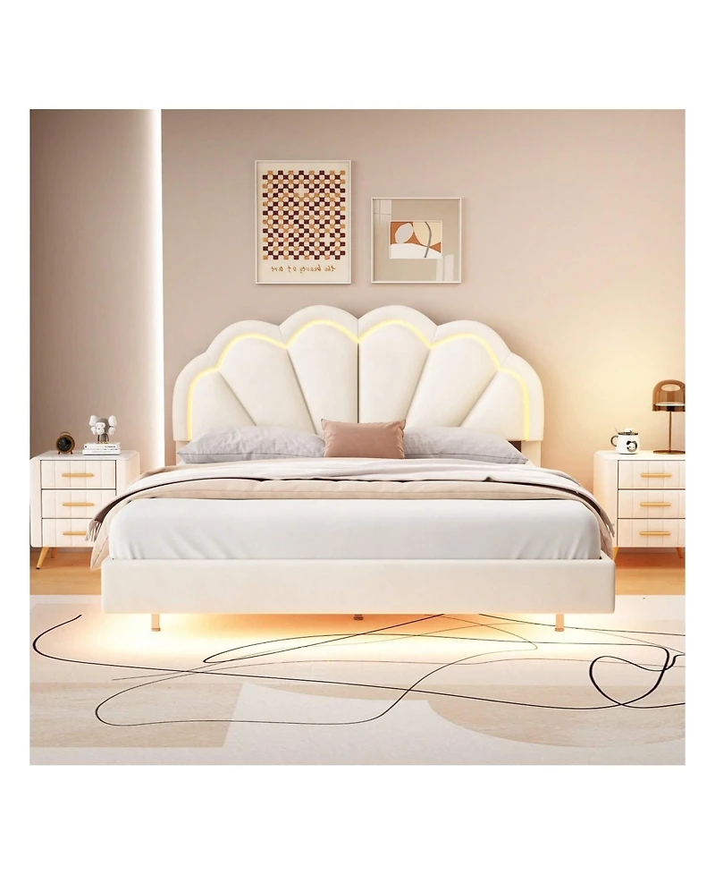 gaomon Queen Upholstered Bed Frame, Queen Platform Bed With Led Lights, Metal Legs, Flowers Headboard, Remote Control