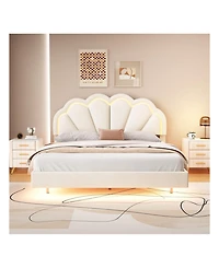 gaomon Queen Upholstered Bed Frame, Queen Platform Bed With Led Lights, Metal Legs, Flowers Headboard, Remote Control