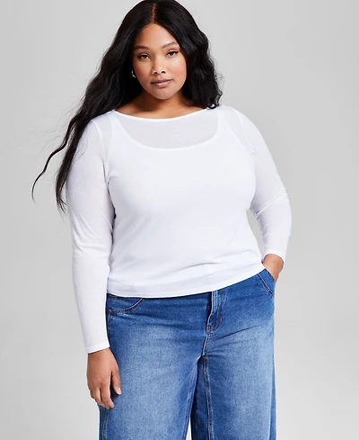 And Now This Trendy Plus Size Solid Boat-Neck Long-Sleeve Layered Top, Exclusively at Macy's