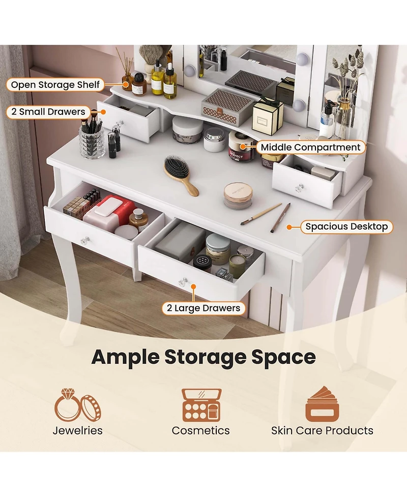 Makeup Vanity Set with Tri-Fold Mirror & Led Lights 4 Drawers Open Shelf