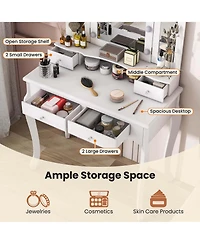 Makeup Vanity Set with Tri-Fold Mirror & Led Lights 4 Drawers Open Shelf