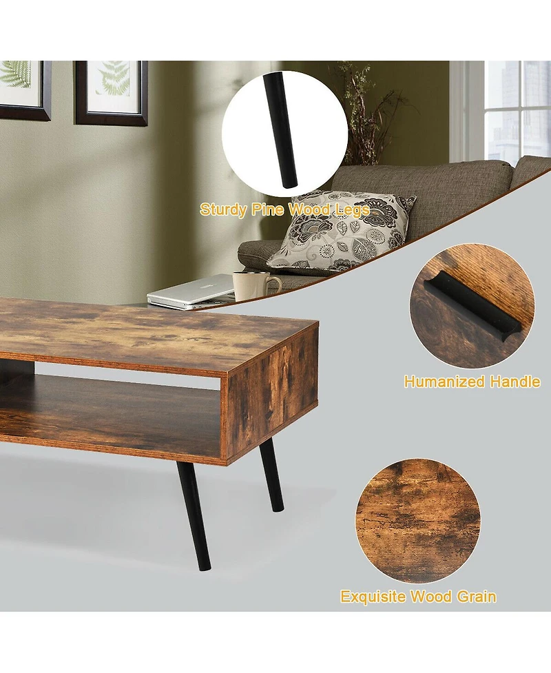 Gymax Retro Coffee Table Mid Century Modern Living Room Furniture w/Open Storage Shelf