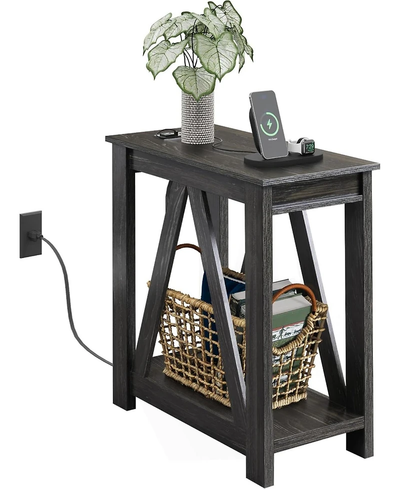 Wlive Narrow End Table with Charging Station of Open Storage Shelf,Sofa Side Table with 2 Usb Ports and 2 Power Outlets,Slim Farmhouse E