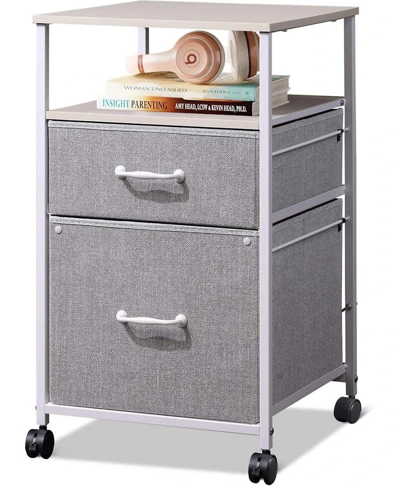 2 Drawer Mobile File Cabinet, Rolling Printer Stand with Open Storage Shelf, Fabric Vertical Filing Cabinet fits A4 or Letter Size for Home Office, Li