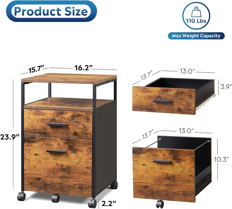 Galaxhero 2 Drawer File Cabinet, Mobile Printer Stand with Open Storage Shelf, Wood Filing Cabinet fits A4 or Letter Size for Home Office, Rustic Brow