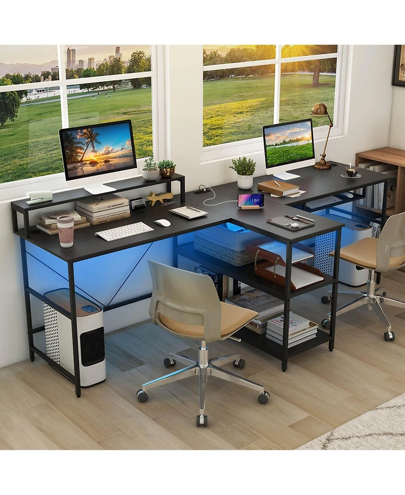 Costway 94.5" Long Office Desk 2-Person Reversible Computer with Led Lights