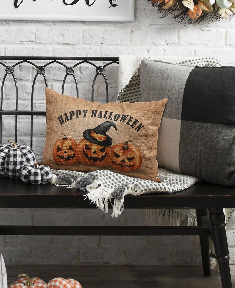 Glitzhome Faux Burlap Happy Halloween Pumpkin Pillow, 18"