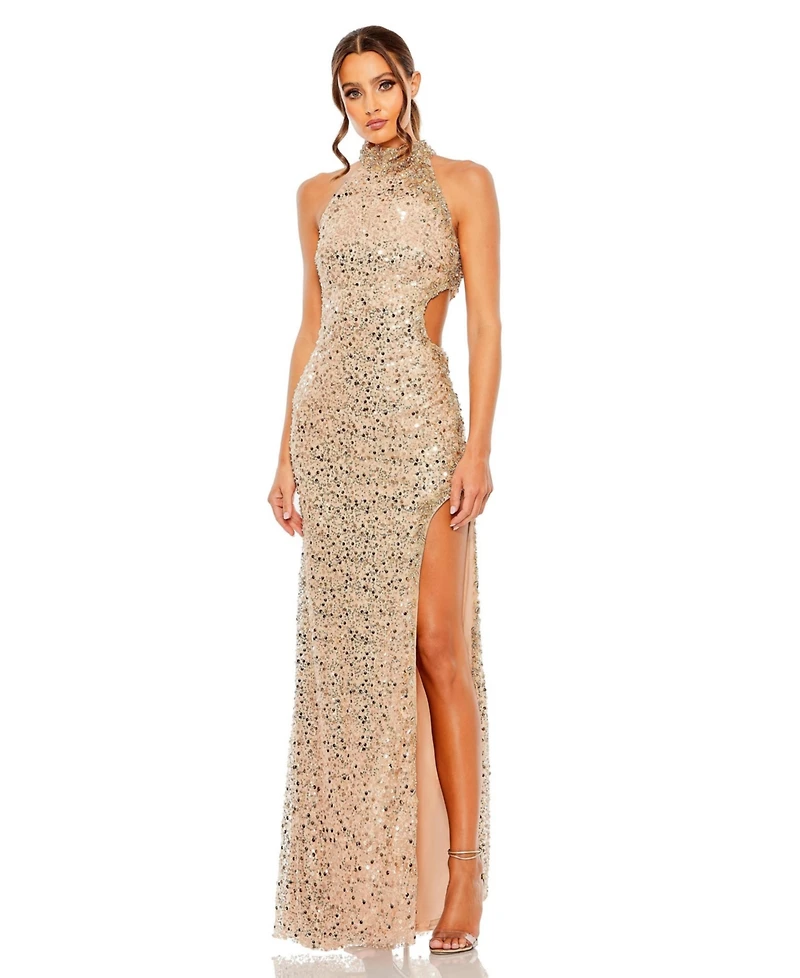 Mac Duggal Women's Side Cut Out High Neck Sequin Gown