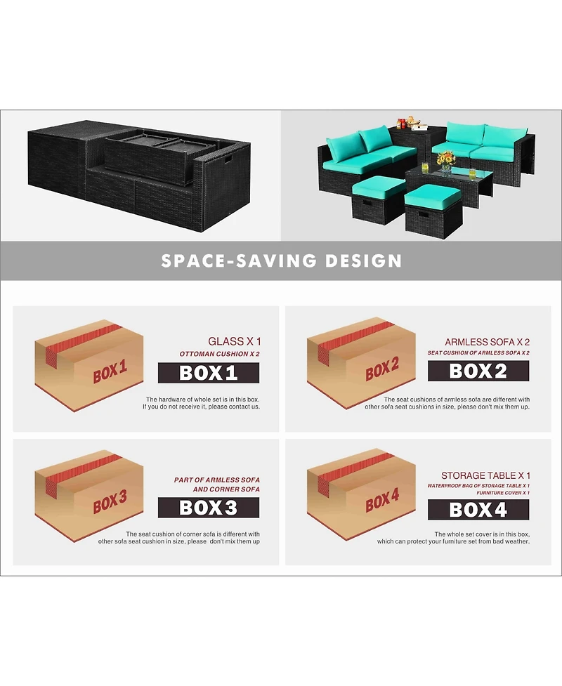 Sugift 8 Pieces Patio Rattan Storage Table Furniture Set-Turquoise