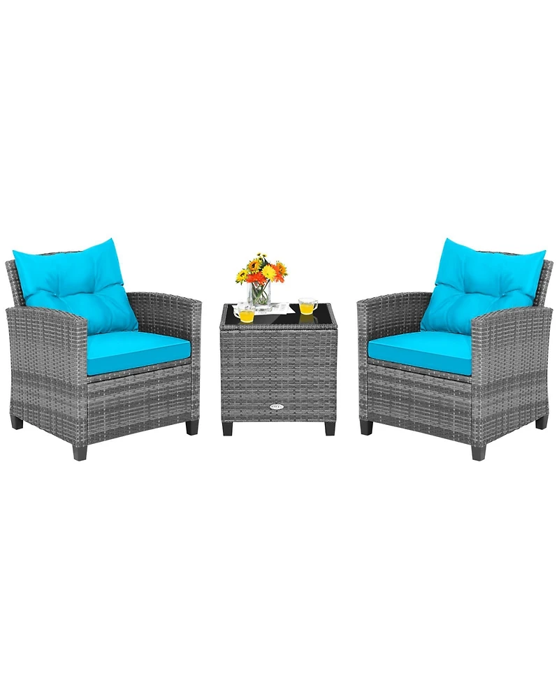 Sugift 3 Pieces Outdoor Wicker Conversation Set with Tempered Glass Tabletop-Turquoise