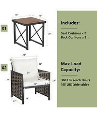 Sugift 3 Pieces Patio Rattan Furniture Set with Acacia Wood Tabletop-White