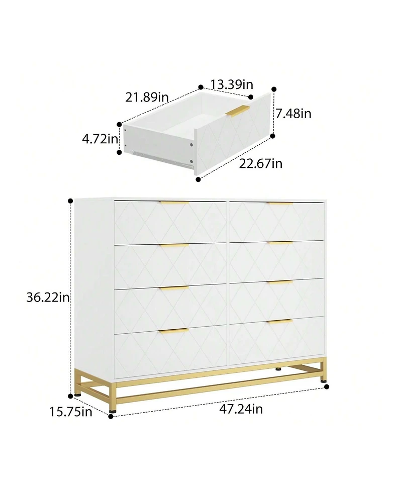 8 Drawer Dresser For Bedroom With Deep Drawers, Wide Chest Of Drawers With Metal Handles, Large Floor Wood Storage Dresser Modern Dresser