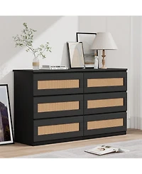 Rattan Dresser For Bedroom, 6 Drawer Dresser For Bedroom, Modern Wide Chest Of Drawers With Anti-Tip Kit