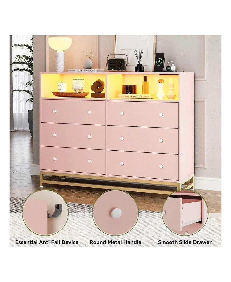 gaomon 6 Drawer Double Dresser Tv Stand, Bedroom Dresser With Power Outlet & Led Light, Wood Dresser For Room, Hallway, 47.2''W15.8''D36.2''H (