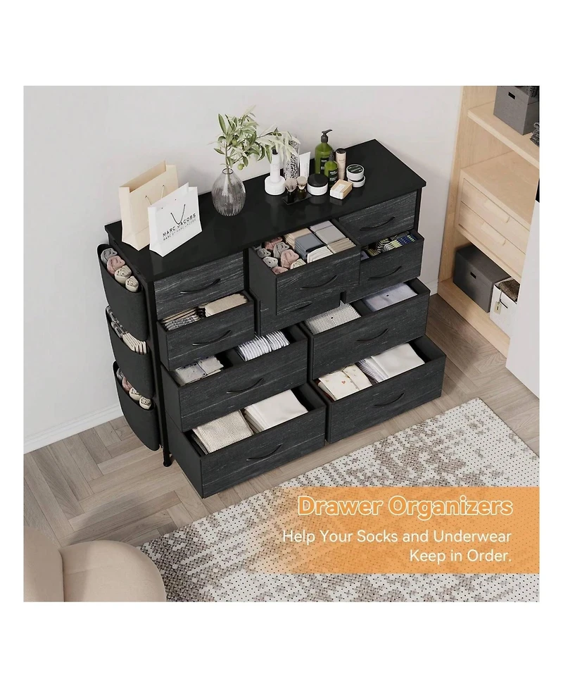 Dresser For Bedroom, 10 Drawers Fabric Storage Drawer, Dressers & Chest Of Drawers With Side Pockets, Hooks, Wood Tabletop For Closet, Living Room, Ha